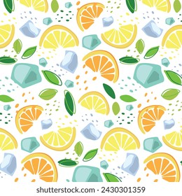 Abstract pattern with green mint, lemons, orange and ice cube in flat style. Fresh Seamless pattern. Vector background. Summer time print. Lemonade wallpaper.