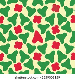 Abstract Pattern of Green Triangles and Red Flowers on a Light Yellow Background