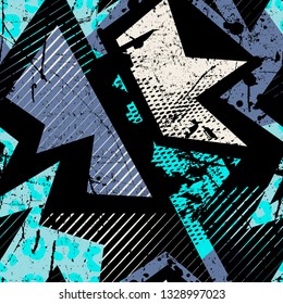 Abstract pattern with grunge effect and different geometric elements. Texture for sportswear, creative, wallpaper.
