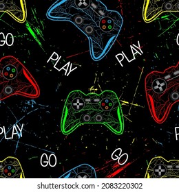 abstract pattern for guys with multicolored grunge joysticks and text