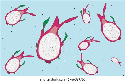 Abstract pattern of halved of dragon fruit, set of pitaya or pitahaya cut in half. Vector exotic tropical fruit isolated on pastel blue background