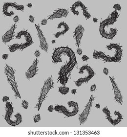Abstract pattern with hand drawn exclamation and question marks in black and white tones