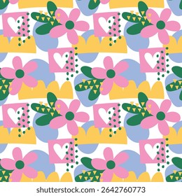 Abstract pattern with hand drawn flowers, hearts and irregular shapes. Vector trendy pattern design for textile, wrapping paper, scrapbooking
