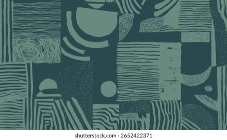 Padrão abstrato com linhas desenhadas à mão, formas e texturas em floresta profunda verde e sábio. Terrestre, porém moderno, perfeito para design de tecido, papelaria ou embalagem.