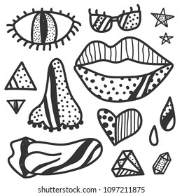 Abstract pattern with hand drawn pop art collection in dark gray color isolated on white background. Vector illustration.