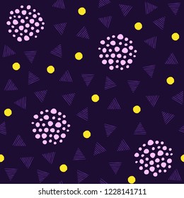 Abstract pattern with hand drawn shapes. Сontrast colors. Dark background. Polka dots for regular pattern on fabric