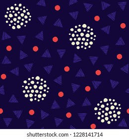 Abstract pattern with hand drawn shapes. Сontrast colors. Dark background. Polka dots for regular pattern on fabric