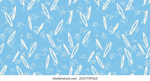 Abstract pattern with hand-drawn elongated shapes and scattered dots on a blue background. Design for textiles, digital art, and modern design projects.