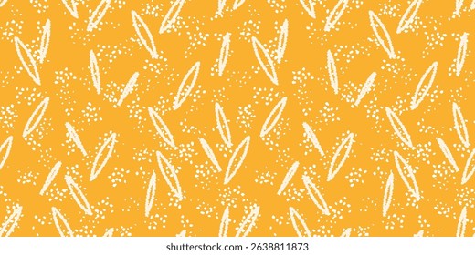Abstract pattern with hand-drawn elongated shapes and scattered dots on a vibrant yellow background. Design print for textiles, digital art, and modern design projects.