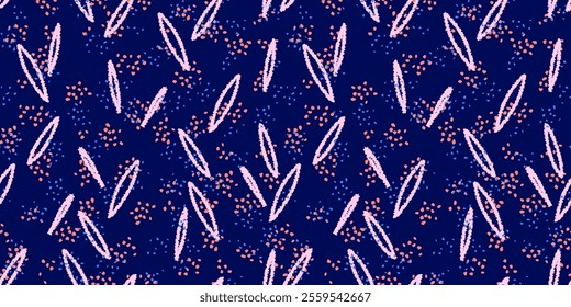 Abstract pattern with hand-drawn pink elongated shapes and scattered dots on a deep navy background. Design for textiles, digital art, and modern design projects.