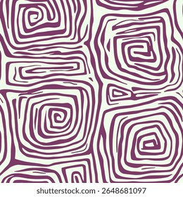 Abstract pattern with hand-drawn squares and lines in purple, Woodblock print seamless pattern, seamless repeating vector pattern, design and pattern for textile print. Vector illustration.