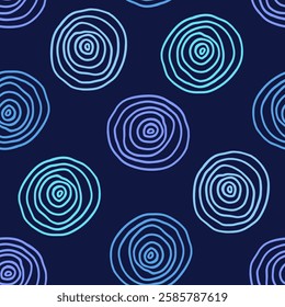 Abstract pattern with handwritten minimalist circles. Hand drawn blue seamless texture with rounded spots for print design of modern fabrics, trendy home textile, cover, wrapping paper, baby products.
