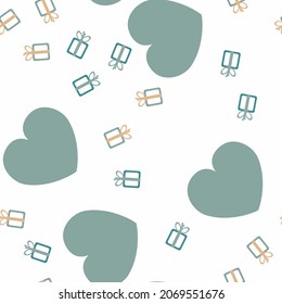 Abstract pattern with heart and gift, retro in green. Doodles for textile or Valentine's Day. Seamless pattern for cover of notepad. wallpaper and design. Hearts with geometric retro elements. Vector