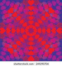 Abstract pattern of hearts arranged in a circle on blue background