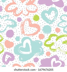 Abstract pattern with hearts and polka dots. Dry brush. Seamless background for your design.