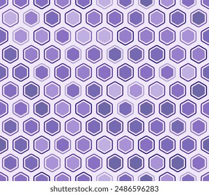 Abstract pattern of hexagon shapes. Bold rounded hexagons mosaic cells with padding and inner solid cells. Purple color tones. Hexagonal shapes. Tileable pattern. Seamless vector illustration.