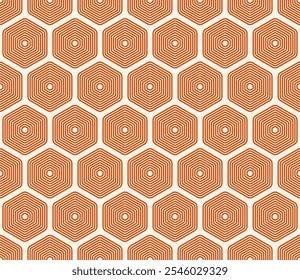 Patrón Abstractas de Formas hexagonales. Color naranja quemado sobre fondo a juego. Patrón de mosaico de hexágonos apilados redondeados. Grandes Formas hexagonales. Diseño sin fisuras. Ilustración vectorial basculante.