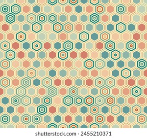 Abstract pattern of hexagon shapes. Geometric elements of varied style and color. Hexagon cells. Tileable pattern. Seamless background. Artistic vector illustration.