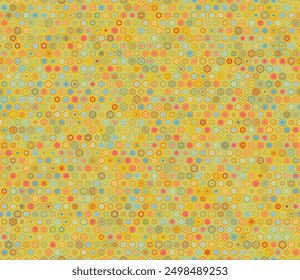 Abstract pattern of hexagon shapes. Geometric elements of varied style and color. Regular hexagon shapes. Tileable pattern. Seamless background. Artistic vector illustration.