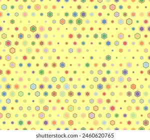 Abstract pattern of hexagon shapes. Multicolored geometric elements of varied size. Hexagon bold mosaic cell with padding and inner solid cells. Honeycomb geometric shapes. Tileable pattern.