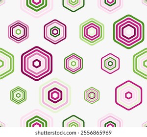 Abstract pattern of hexagon shapes. Multicolored geometric elements of varied size. Bold rounded stacked hexagons mosaic pattern. Large hexagons. Tileable design. Seamless vector illustration.