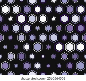 Abstract pattern of hexagon shapes. Multicolored geometric elements of varied size. Bold rounded hexagons mosaic pattern with inner solid cells. Honeycomb cells. Tileable design.