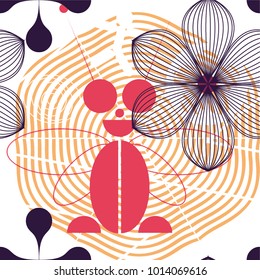 Abstract pattern illustration, lines, insect, grasshopper, flower, spiral, circle, seamless vector background.