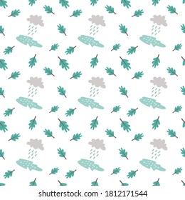 Abstract pattern illustration with rain, cloud, leaves, and puddle isolated on white background