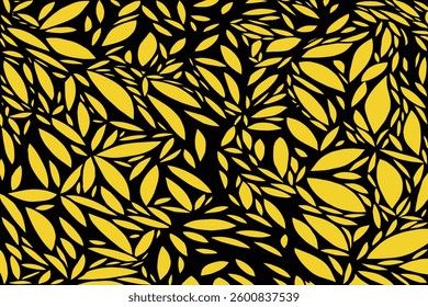 abstract pattern illustration with stylized leaf shapes, creating a seamless yellow and black design, suitable for various graphic applications.