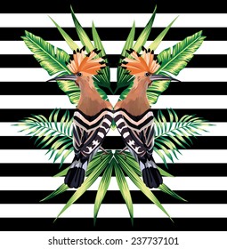 Abstract pattern illustration tropic vector animals hoopoe bird in a trendy mirror style on striped black and white background with a floral summer jungle banana palm leaves and plants