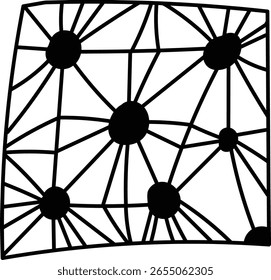 Um padrão abstrato com linhas e círculos interconectados em um estilo geométrico. O design se assemelha a uma rede de nós conectados por linhas retas. Ilustração de vetor de desenhos animados.