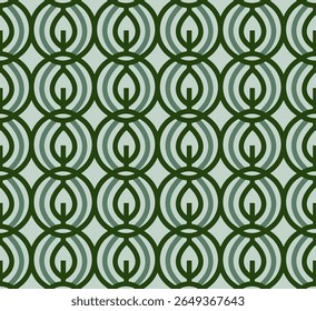 Padrão abstrato com círculos entrelaçados e formas de folhas em tons de fundo verde e azul pálido criando um design atraente