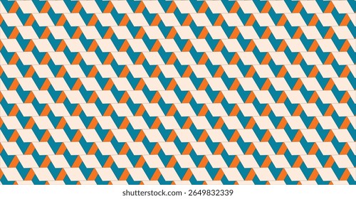 Abstract pattern of interlocking, three-dimensional shapes in teal and peach colors.