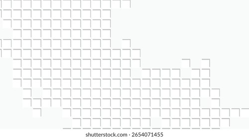 An abstract pattern of intersecting light gray squares forms a fragmented shape against a white backdrop, offering a modern and minimalist visual with a technological feel.