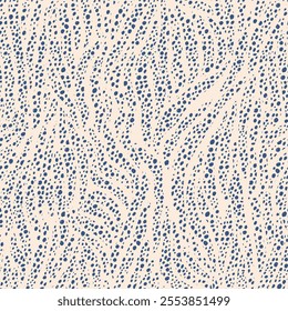 Abstract pattern with irregular blue dots on a light beige background, creating a flowing, dynamic texture. The design evokes a sense of movement and organic forms in nature.