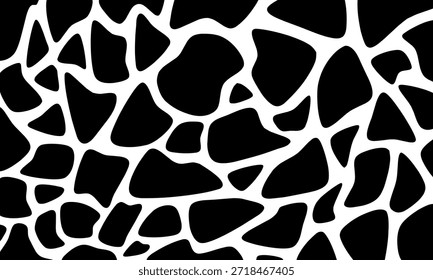 Abstract pattern of irregular organic shapes in black on white background inspired by stone textures and natural minimalist design