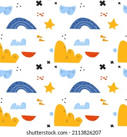 Abstract pattern for kids. Bright, Scandinavian, minimalistic, geometric and abstract shapes. For textiles, things in the children's room, poster, flyer, postcard.