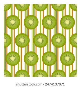 Abstract pattern of kiwi circles of multi-colored stripes on a white background. Seamless pattern with kiwi. Wrapping paper, textile, packaging, vector illustration