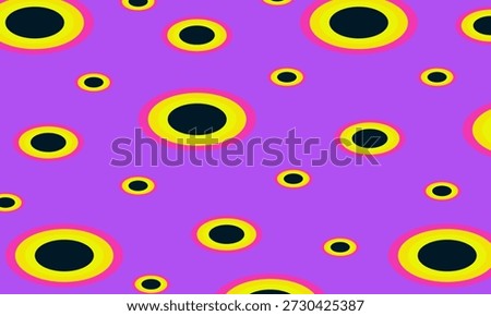 Abstract pattern with layered concentric circles in black, yellow, and pink on a purple background. Retro-inspired and eye-catching design. Suitable for technology, creative, or innovative concepts requiring a visually appealing and dynamic look with a touch of vintage style.
