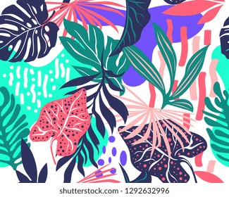 Abstract pattern with leaves and flowers. Seamless with flowers vector on modern style. Hawaii's exotic landscape is a tropical paradise. Designed for fabrics, textiles, wrapping paper.