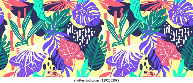 Abstract pattern with leaves and flowers. Seamless with flowers vector on modern style. Hawaii's exotic landscape is a tropical paradise. Designed for fabrics, textiles, wrapping paper.