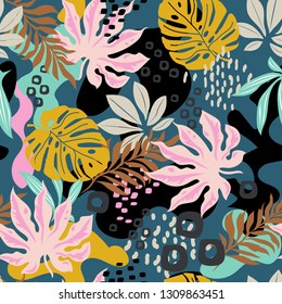 Abstract pattern with leaves and flowers. Seamless with flowers vector on modern style. Hawaii's exotic landscape is a tropical paradise. Designed for fabrics, textiles, wrapping paper.
