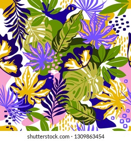 Abstract pattern with leaves and flowers. Seamless with flowers vector on modern style. Hawaii's exotic landscape is a tropical paradise. Designed for fabrics, textiles, wrapping paper.