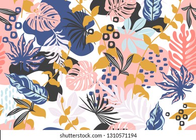 Abstract pattern with leaves and flowers. Seamless with colorful Memphis style. Hawaii's exotic landscape is a tropical paradise. Designed for fabrics, textiles, wrapping paper.