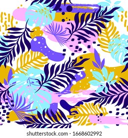 	
Abstract pattern with leaves and flowers. Seamless with flowers in  modern style. Hawaii's exotic landscape is a tropical paradise. Designed for fabrics, textiles, wrapping paper.