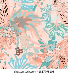 Abstract pattern of leaves and flowers. Seamless pattern. Design of textiles, fabrics, wallpapers, covers, backgrounds.