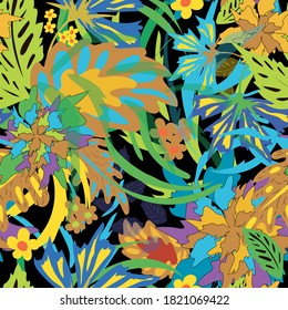 Abstract pattern of leaves and flowers. Seamless pattern. Design of textiles, fabrics, wallpapers, covers, backgrounds.