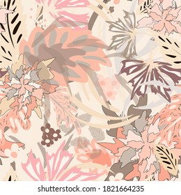 Abstract pattern of leaves and flowers. Seamless pattern. Design of textiles, fabrics, wallpapers, covers, backgrounds.