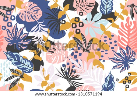 Abstract pattern with leaves and flowers. Seamless with colorful Memphis style. Hawaii's exotic landscape is a tropical paradise. Designed for fabrics, textiles, wrapping paper.