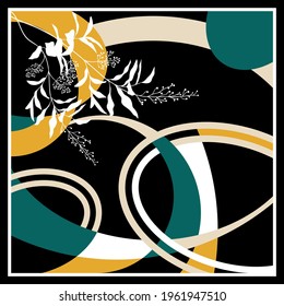 Abstract pattern with leaves on black background. Vector patch for print, fabric, scarf design.